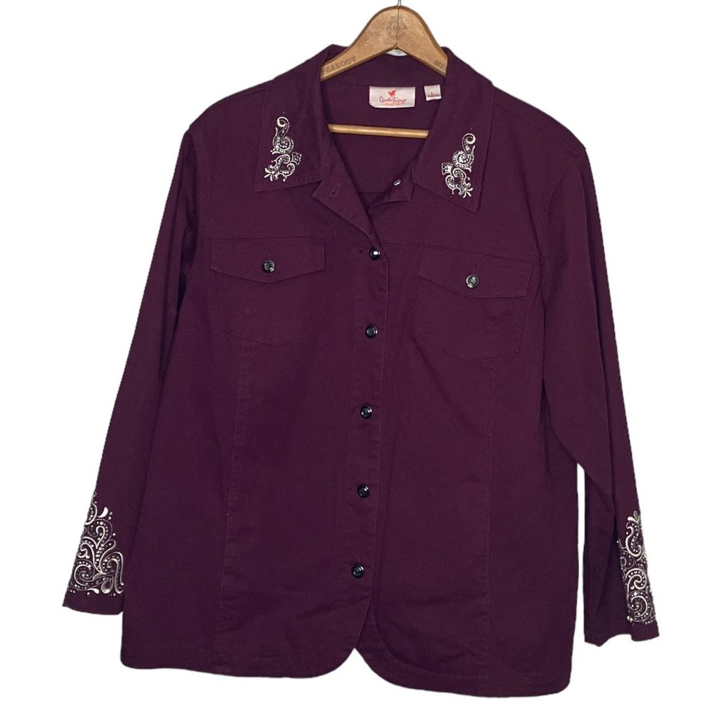 Quacker Factory Large L Wine Purple Rhinestone Bling Scroll Embroidered‎ Jacket